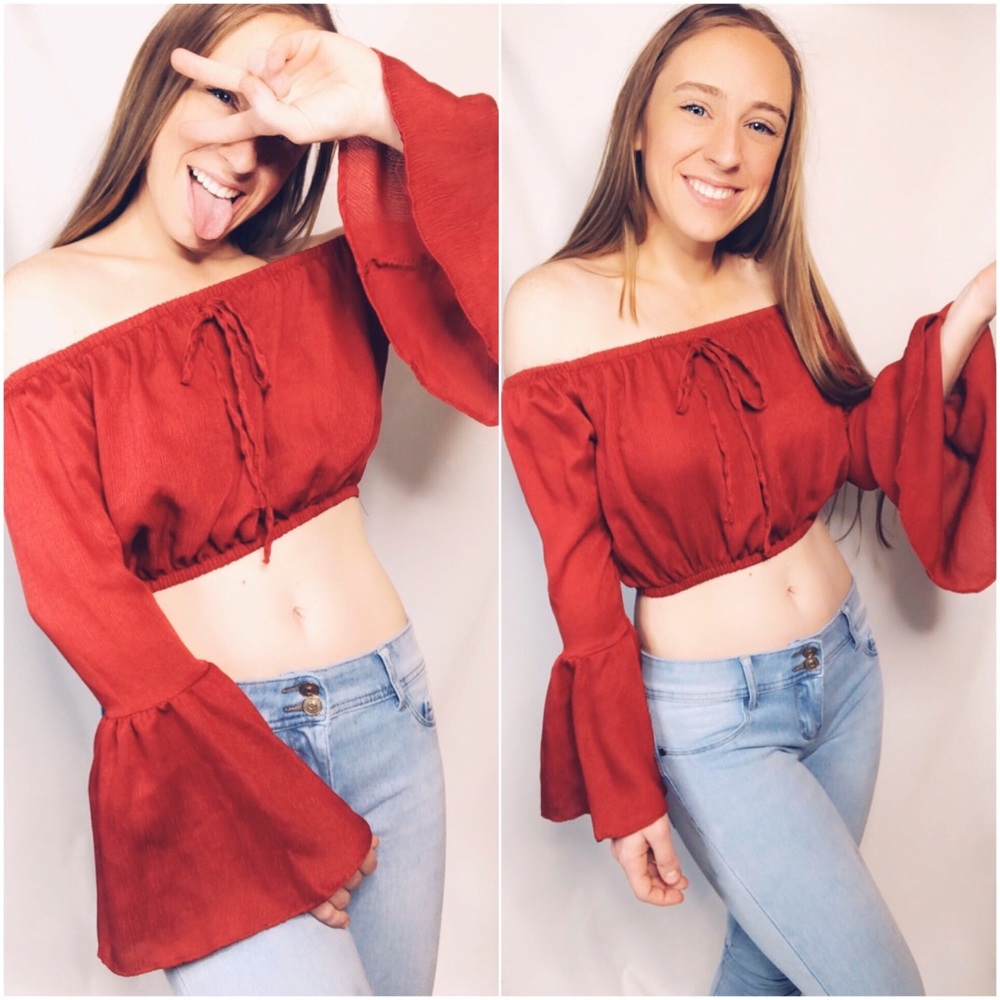 Boho red long flare sleeve crop top shirt small - Picture 1 of 4